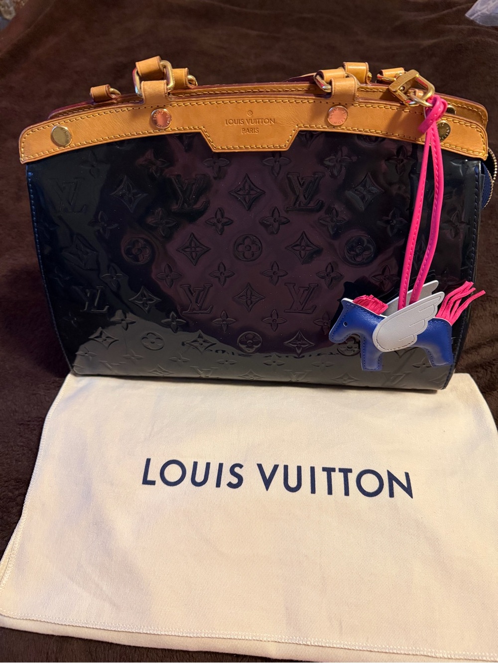Louis Vuitton Blue Vernis Patent Satchel with Tan Trim and Pink/Blue Charm